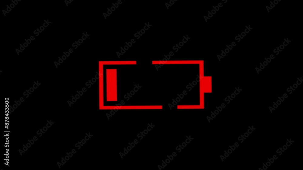 Animated red low battery icon on black transparent background. Loop. Animated red low battery icon on black transparent background. Loop.