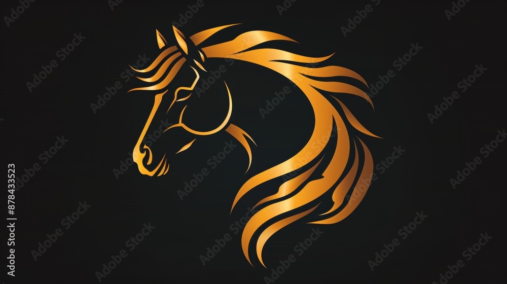 Golden illustration of a horse head with flowing mane on black background, perfect for luxury brand, stable or equestrian sport related designs Golden illustration of a horse head with flowing mane on black background, perfect for luxury brand, stable or equestrian sport related designs