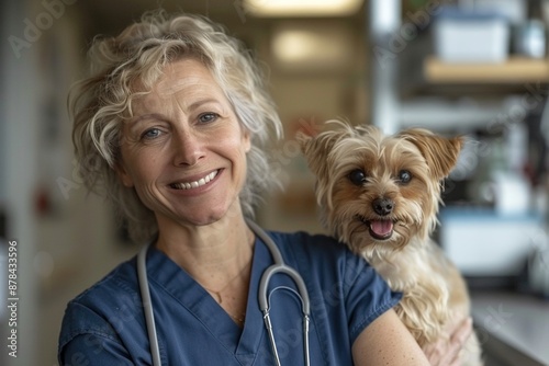 A veterinarian woman in a blue scrubs is holding a dog