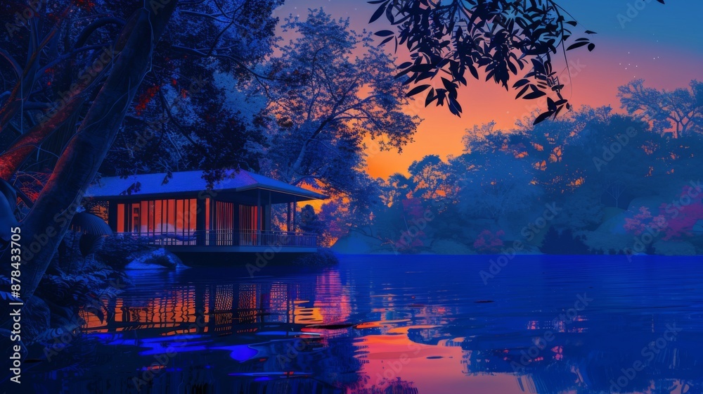 Fototapeta premium Silhouetted cabin by a lake under a starry sunset.