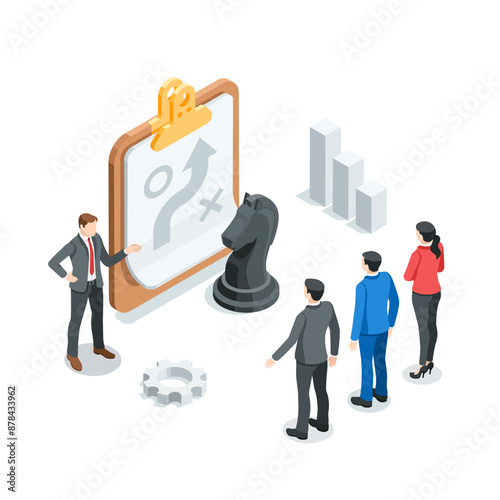 isometric vecto business people discussing development strategy and a tablet with a plan sheet and a chess knight, in color on white background, business strategy or plan