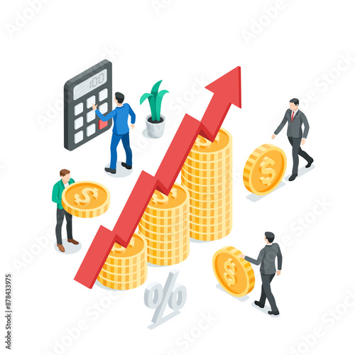 isometric vector business men with coins and a calculator, in color on a white background, overall budget or financial growth