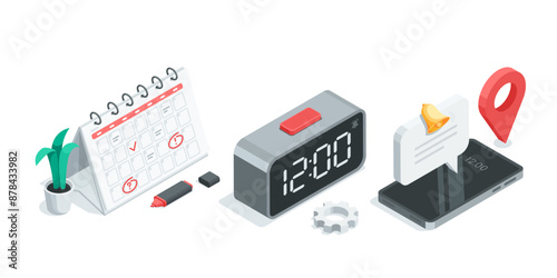 isometric vector set of calendar and electronic clock next to smartphone, in color on white background, work day planning or time organization