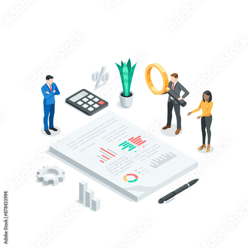 isometric vector business people analyzing a charts on a paper sheet, in color on a white background, statistics data research and professional team work