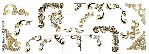 Set of gold corners and dividers in vintage style. Damask vintage baroque scroll ornament swirl. Victorian monogram heraldic shield swirl. Retro floral leaf pattern border 