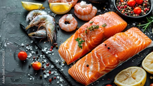 A beautifully arranged presentation of raw salmon fillets on a cutting board, surrounded by shrimp, lemon slices, and fresh herbs, displaying a vibrant and appetizing seafood medley.