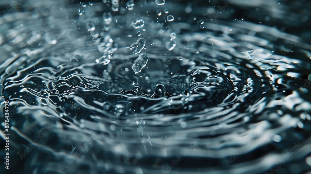 Close-up of water droplets creating ripples in a calm, dark pool, capturing the serene and dynamic movement of liquid splashes. Close-up of water droplets creating ripples in a calm, dark pool, capturing the serene and dynamic movement of liquid splashes.