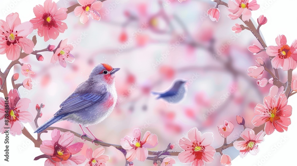 Artistic depiction of a sparrow sitting on vibrant cherry blossom branches with a beautifully blurred background, symbolizing peace and natural beauty. Artistic depiction of a sparrow sitting on vibrant cherry blossom branches with a beautifully blurred background, symbolizing peace and natural beauty.
