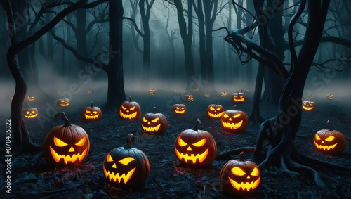 Creepy Jack-o'-Lanterns in a Dark Forest