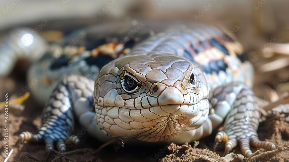 A close-up shot of a lizard showcasing its intricate scales and textures while lying on the ground, highlighting the natural pattern formations and its serene eyes. A close-up shot of a lizard showcasing its intricate scales and textures while lying on the ground, highlighting the natural pattern formations and its serene eyes.