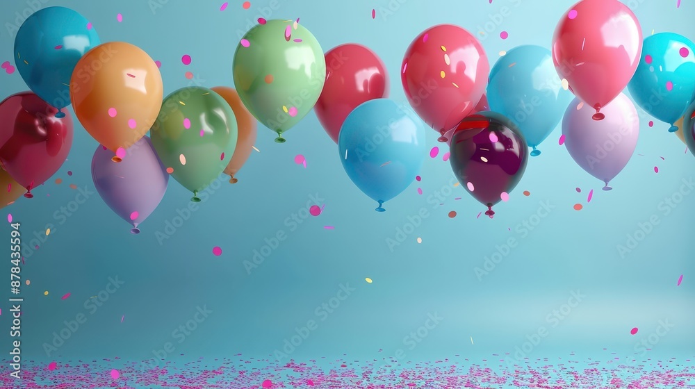 A vibrant bunch of multicolored balloons floating against a blue backdrop, with confetti scattered around, creating a festive and celebratory atmosphere. A vibrant bunch of multicolored balloons floating against a blue backdrop, with confetti scattered around, creating a festive and celebratory atmosphere.