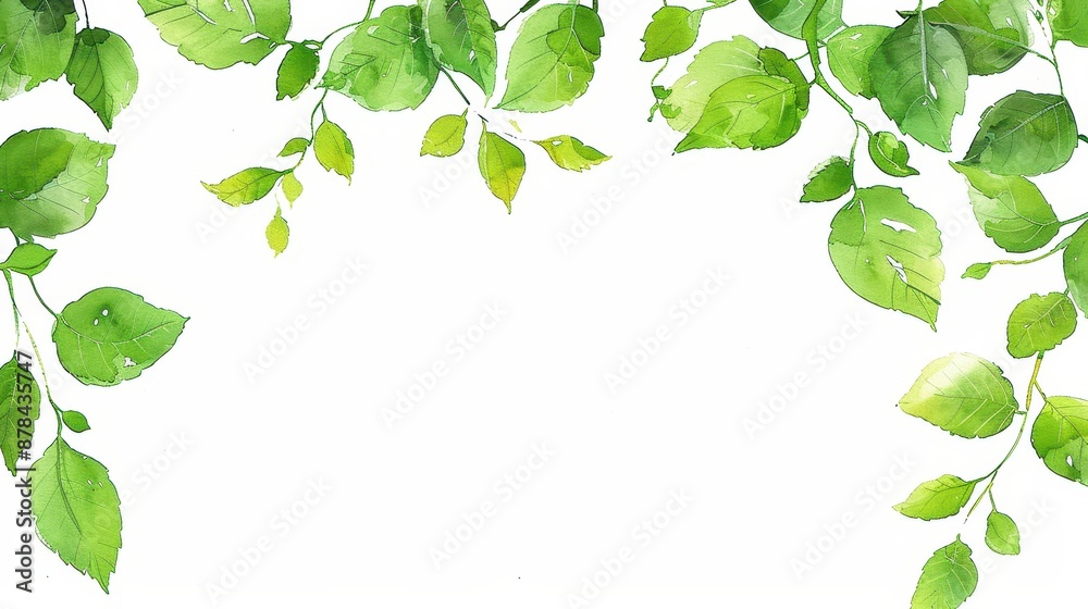 A beautiful watercolor illustration displaying a vibrant green leafy border against a white background, perfect for nature-themed designs or invitations. A beautiful watercolor illustration displaying a vibrant green leafy border against a white background, perfect for nature-themed designs or invitations.