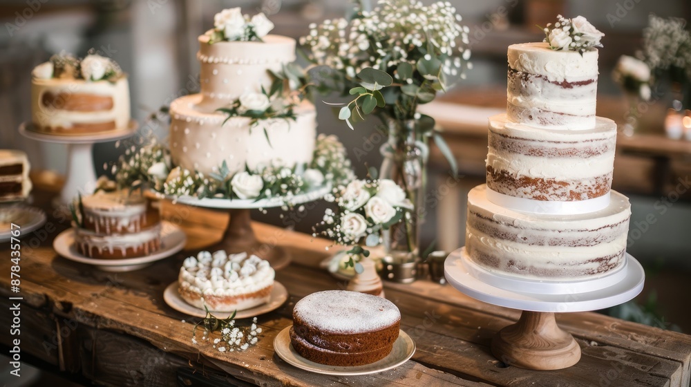 Wedding cake display on rustic wooden table Wedding cake display on rustic wooden table