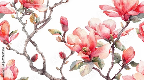 Fototapeta Naklejka Na Ścianę i Meble -  A stunning watercolor painting capturing delicate magnolia blossoms in full bloom on a serene white background. Perfect for nature lovers and botanical themed artworks.