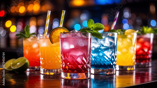 Bunte eisgekühlte Cocktails mit Limette und Minze an einer Bar