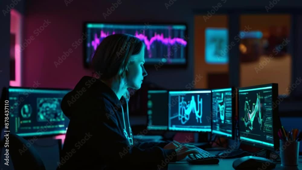 A person is sitting in a dark room looking at multiple computer screens with graphs and charts on them. A person is sitting in a dark room looking at multiple computer screens with graphs and charts on them.