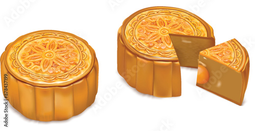 Vector illustration of Mooncake, Different View Moon Cake Set Cartoon Style Element of Mid Autumn Festival Celebration.
