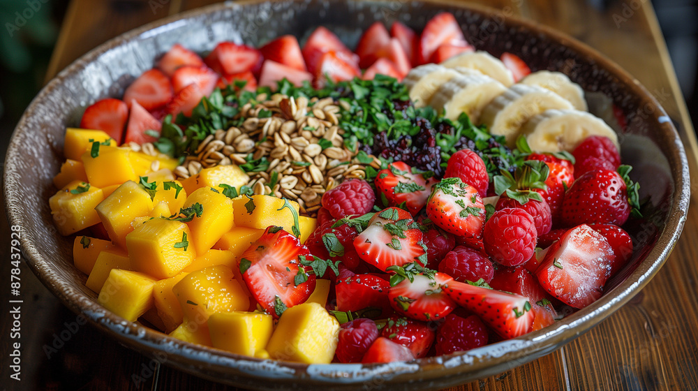 A vibrant bowl of granola and fresh fruits for a fitness-friendly breakfast A vibrant bowl of granola and fresh fruits for a fitness-friendly breakfast
