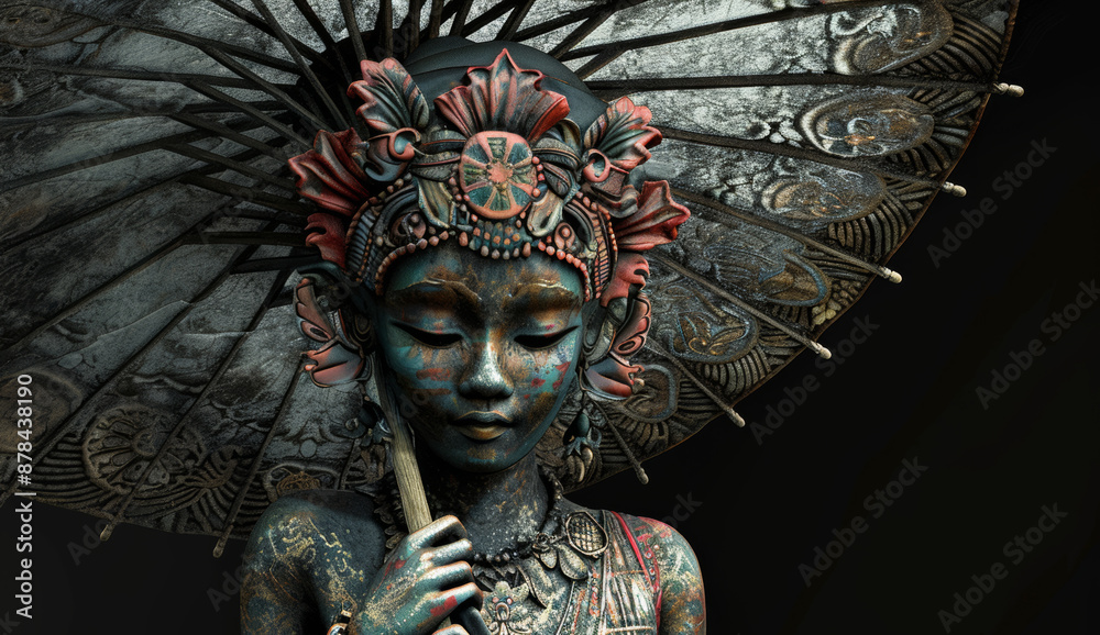 Fototapeta premium Detailed 3D render of Indonesian female art statue holding umbrella, sculpted from colorful textured stone and adorned with elaborate painted patterns, set against black background.