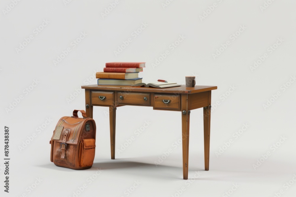 Wooden Desk with Books, a Mug, and a Backpack Wooden Desk with Books, a Mug, and a Backpack