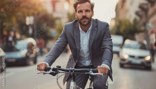 In a busy urban area, a man in formal attire is riding a bicycle along the street