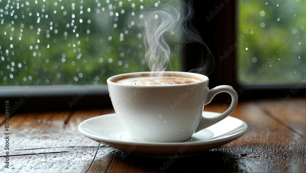 Fototapeta premium Steaming Coffee Cup on Rainy Day