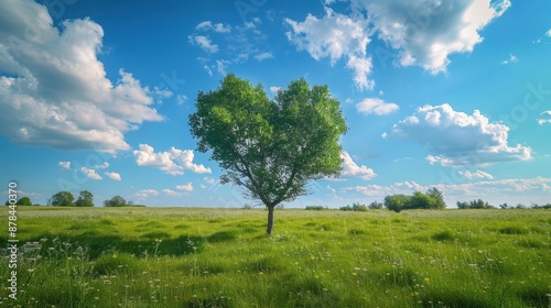 Single Tree in a Meadow Under a Blue Sky