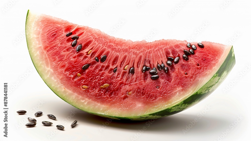 Fresh Juicy Watermelon Slice with Red Flesh and Black Seeds on White Background Fresh Juicy Watermelon Slice with Red Flesh and Black Seeds on White Background