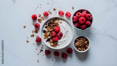 Morning Bliss on White Marble - Yogurt, Granola, and Fresh Raspberries