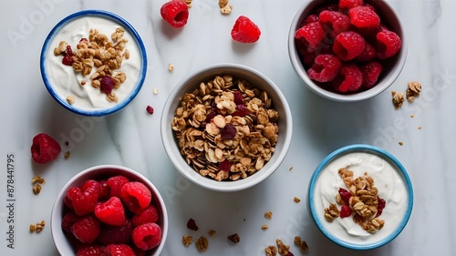 Morning Bliss on White Marble - Yogurt, Granola, and Fresh Raspberries