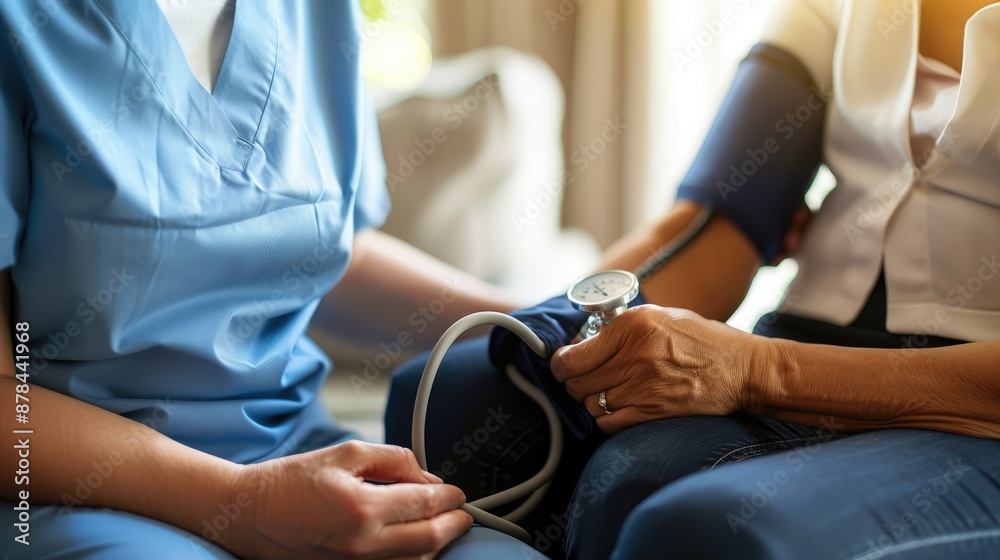 A close-up of a nurse taking a patient's blood pressure A close-up of a nurse taking a patient's blood pressure