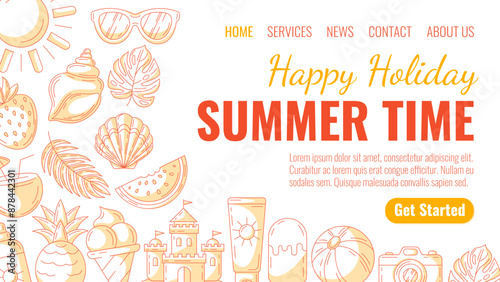 Summer beach elements and accessories, monochrome orange style. Sun, seashell, watermelon, sand castle, camera, pineapple, coconut cocktail. Landing page vector template for website, online, banner