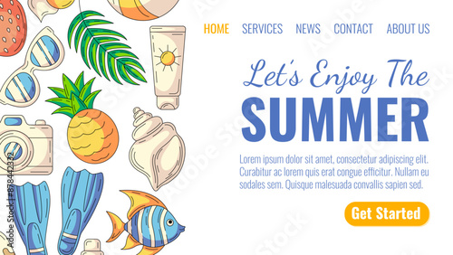 Summer beach colorful elements and accessories. Sunglasses, pineapple, camera, flippers, seashell and sunscreen, fish. Landing page vector template for website, web, online, banner, travel, tourism