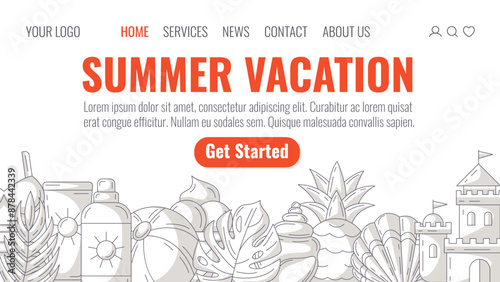 Summer beach elements and accessories, monochrome gray minimalist style. Sunscreen, inflatable ball, seashell, pineapple, sand castle. Landing page vector template for website, web, online, banner