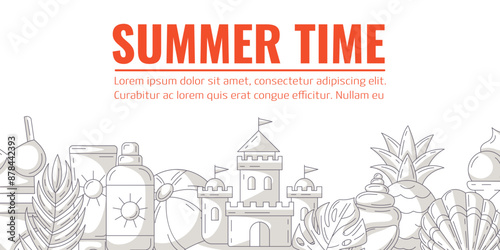 Summer monochrome gray minimalist horizontal banner, beach accessories elements. Bottom border frame, copy space. Holiday and vacation. For poster, flyer, card, invitation, social media, postcard