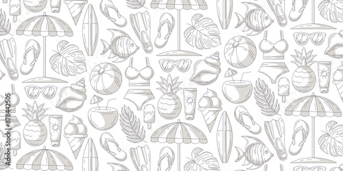 Minimalist monochrome gray seamless summer pattern, beach elements. Swimsuit, flip flops, flippers, fish, surfboard, umbrella, coconut cocktail, pineapple. For cover, wrapping paper, textile print