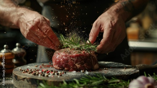 Man preparing raw piece of meat rubbing different spices and herbs in it before roasting photo