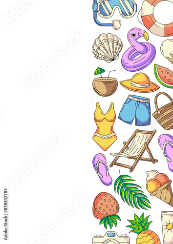 Summer vertical a4 poster, colorful beach elements, accessories icons. Right side border frame, copy space, isolated on white. For card, banner, invitation, social media, planner, notebook or cover