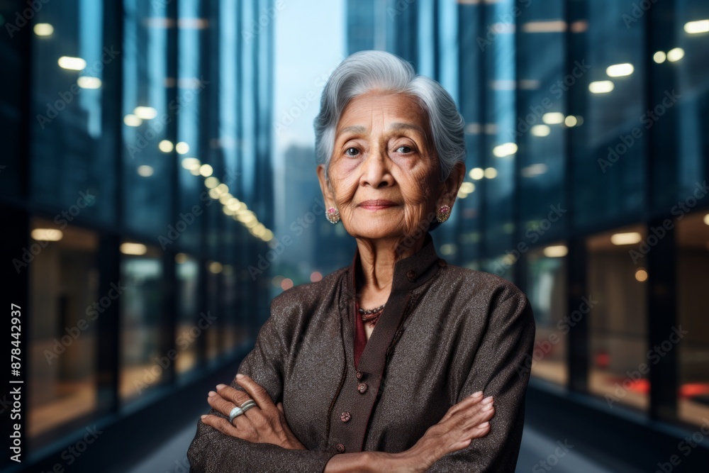 Fototapeta premium Portrait of a glad indian elderly woman in her 90s sporting a breathable mesh jersey isolated in sophisticated corporate office background