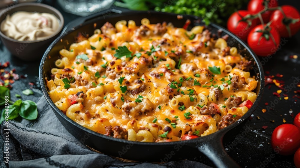 One skillet cheeseburger mac and cheese on frying pan with macaroni pasta a lot of cheese bechamel sauce ground beef meat and vegetables tasty american food dish One skillet cheeseburger mac and cheese on frying pan with macaroni pasta a lot of cheese bechamel sauce ground beef meat and vegetables tasty american food dish