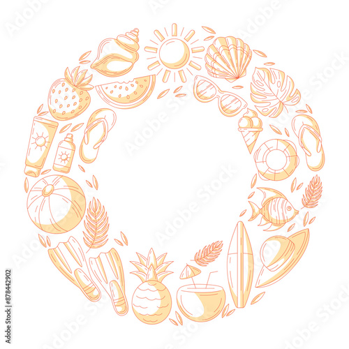 Summer beach elements, round shape frame. Square card, minimalist monochrome orange beach icons isolated on white, space for text in the middle. For poster, flyer, banner, invitation, social media