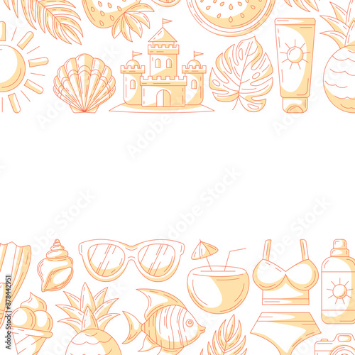 Summer square card, minimalist monochrome orange beach accessories icons. Upper and bottom border frame, copy space, isolated on white. For poster, flyer, banner, invitation, social media, postcard