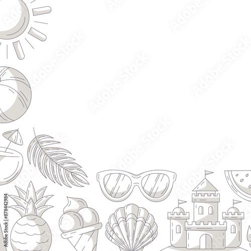 Summer square card, minimalist monochrome gray beach accessories icons. Corner border frame, copy space, isolated on white. For poster, flyer, banner, invitation, social media, postcard, party.