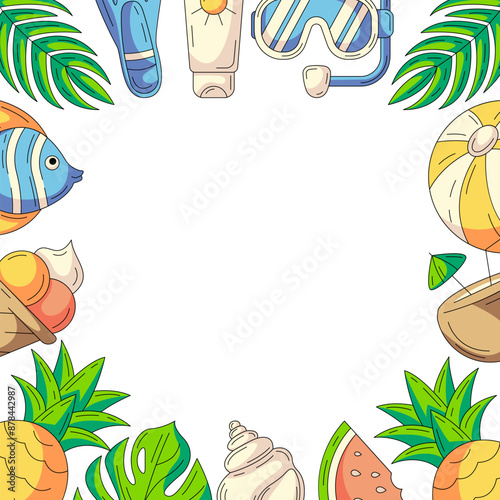 Summer square card, colorful beach accessories and elements icons. Border frame, copy space, isolated on white. For poster, flyer, banner, invitation, social media, postcard, party. Seasonal vector