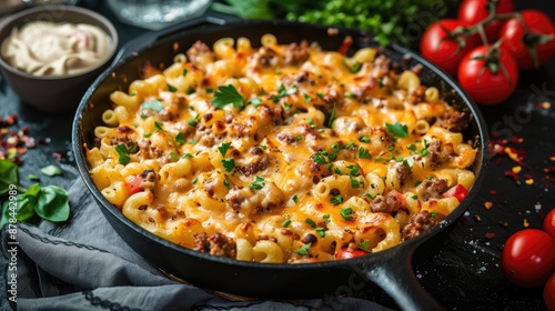 One skillet cheeseburger mac and cheese on frying pan with macaroni pasta a lot of cheese bechamel sauce ground beef meat and vegetables tasty american food dish