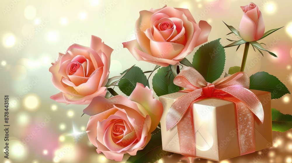 An elegantly wrapped gift box featuring a ribbon is paired with a bouquet of pink roses, placed together on a shimmering background with glittering light effects. An elegantly wrapped gift box featuring a ribbon is paired with a bouquet of pink roses, placed together on a shimmering background with glittering light effects.