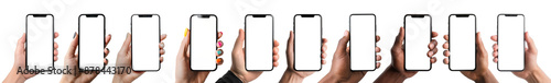 Unterschiedliche Hände, verschiedene Ausrichtungen, Smartphone, Cellphone, Handy, Mockup, Vorlage, Isoliert, Freigestellt, freisteller