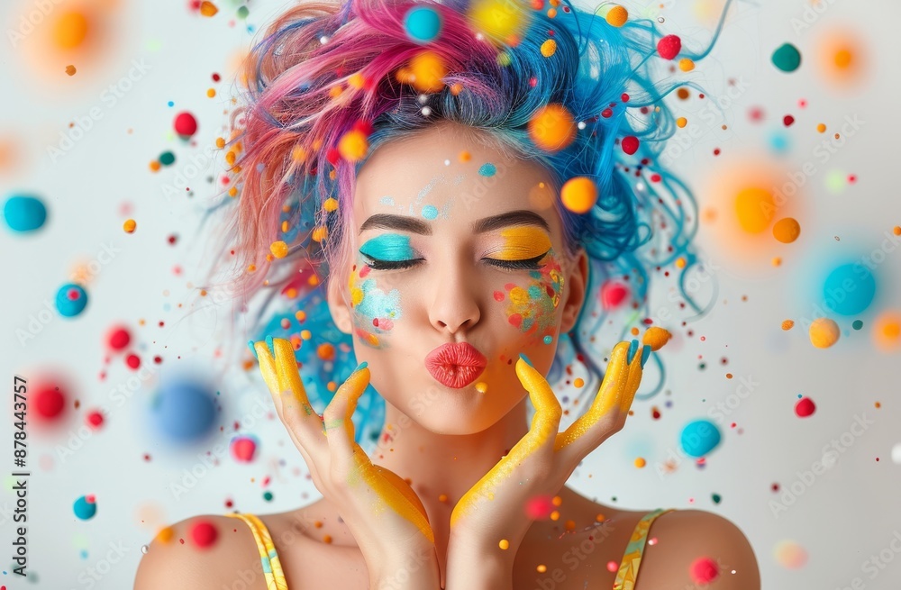 Vibrant model with colorful face paint and vivid makeup in dynamic confetti background Vibrant model with colorful face paint and vivid makeup in dynamic confetti background