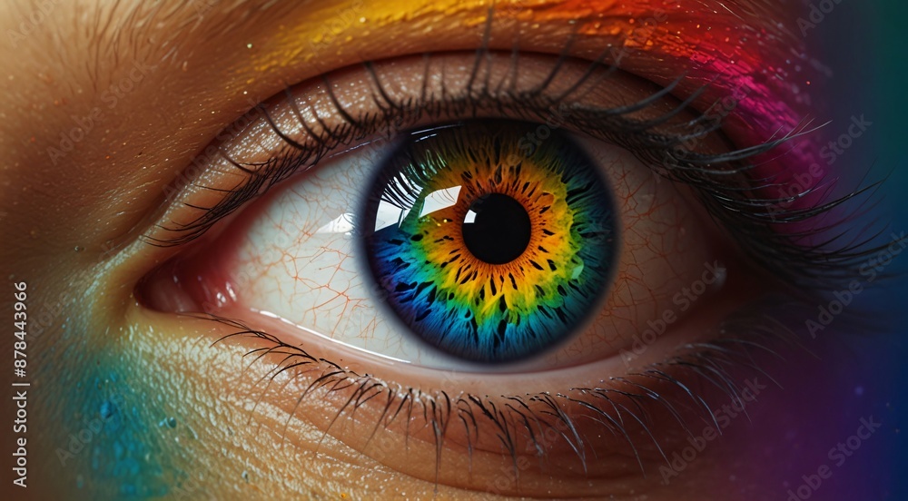 Fototapeta premium Close-up of a vibrant human eye with a rainbow-colored iris and colorful eyeshadow, symbolizing creativity, diversity, and vision.