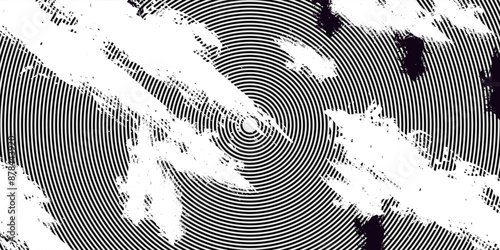 Distressed background in black and white texture with circles, spots, scratches, and lines. Abstract vector illustration.